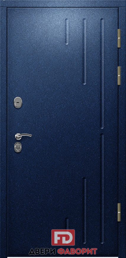недорогая дверь с тремя петлями окрашена порошковой краской синего оттенка