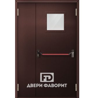 Двустворчатая противопожарная дверь со стеклом и системой антипаника