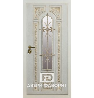 Дверь в коттедж с арочным стеклопакетом и ковкой