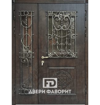 дверь двухстворчатая с терморазрывом и стеклянными вставками с ковкой