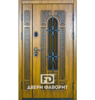 Входная двустворчатая дверь с ковкой и стеклом (МДФ винорит и МДФ)